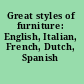 Great styles of furniture: English, Italian, French, Dutch, Spanish